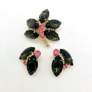 Rare Vintage Demi Parure Rhinestone Brooch Set